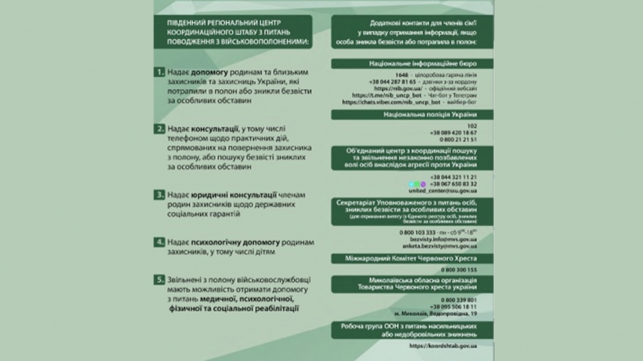 Південний Регіональний Центр Координаційного штабу з питань поводження з військовополоненими надає: