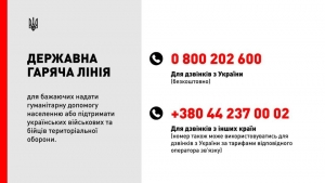 УВАГА ! Державна гаряча лінія для бажаючих надати гуманітарну допомогу населенню або підтримати українських військових та бійців територіальної оборони.
